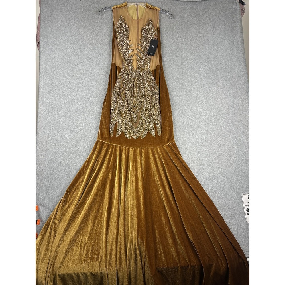 Alglist Dress Womens Small Gold Velvet Rhinestone Mermaid Gown Sheer Evening NWT